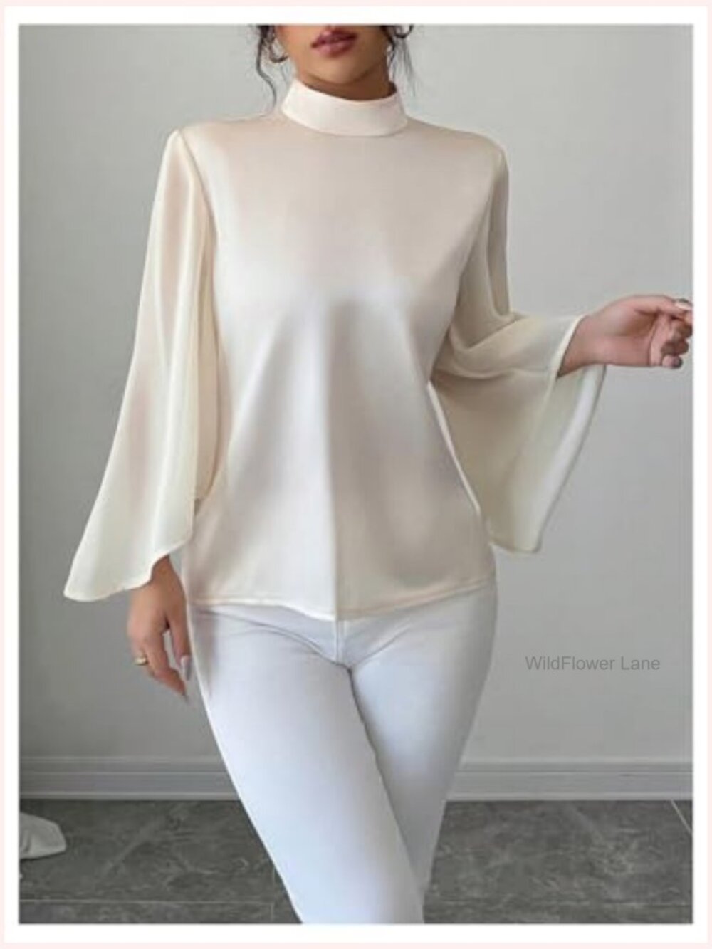 Elegant Flounce Sleeve Blouse Top Satin Mock Neck Business Casual Shirt - Picture 4 of 5